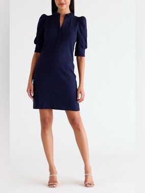 Lilly Pulitzer Elsey Floral Jacquard Puff Sleeve Dress Navy Blue Size Small